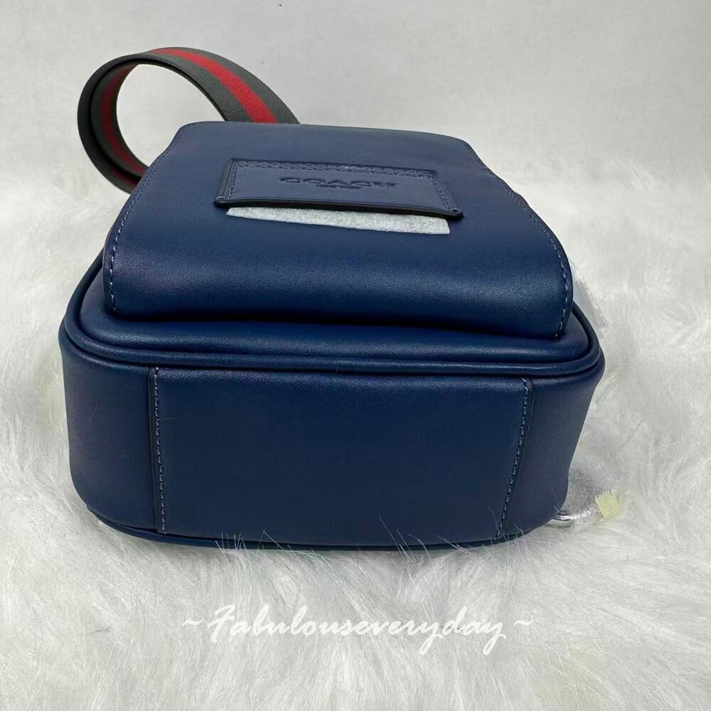 Coach Men's Racer Sling Pack With Varsity Stripe Webbing Leather/Deep Blue CDC85 - Picture 9 of 11